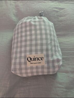 Quince Organic Cotton Percale King Sheet Set Gingham Mist Blue NEW